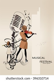 Musical background with a microphone, notes, a treble clef. Musicians with a violin and  a flute. 