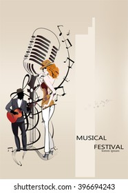 Musical background with a microphone, notes, a treble clef. Musicians with a guitar.