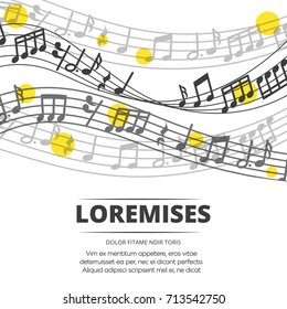 Musical background with monochromic notes and waves. Music note line wave banner template illustration vector