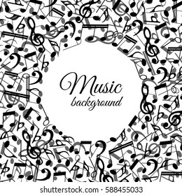 Musical background from notes monochrome-vector illustration. Black and white ornament. Banner texture music.
