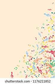 Musical background with notes on a pink background. Iridescent notes.