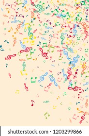Musical background with notes on a pink background. Iridescent notes.
