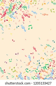 Musical background with notes on a pink background. Iridescent notes.
