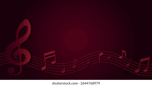 Musical background with notes and a treble clef. A deep red luxurious backdrop perfect for musical themes, invitations, certificates, karaoke, contests, flyers, banners