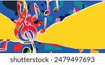 Musical background, play and download music  concept.  Musical notes on colorful backdrop. G-clef party poster