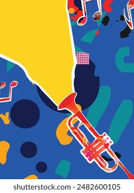 Musical background, play and download music concept. Musical notes on colorful backdrop. Trumpet party poster