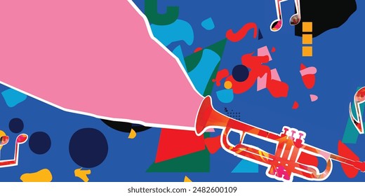  Musical background, play and download music concept. Musical notes on colorful backdrop. Trumpet party poster