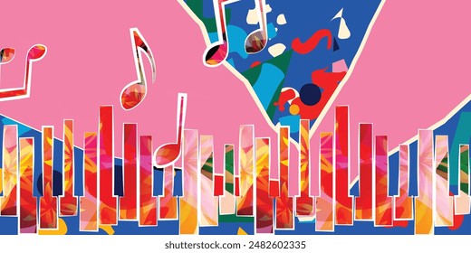 Musical background, play and download music concept. Musical notes on colorful backdrop. Piano keys party poster