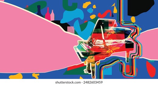 Musical background, play and download music concept. Musical notes on colorful backdrop. Piano party poster