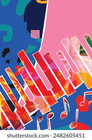 Musical background, play and download music concept. Musical notes on colorful backdrop. Piano keys party poster