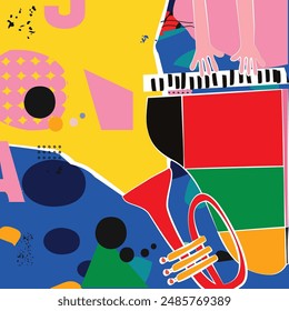 Musical background, play and download music concept. Musical notes on colorful backdrop. Trumpet party poster