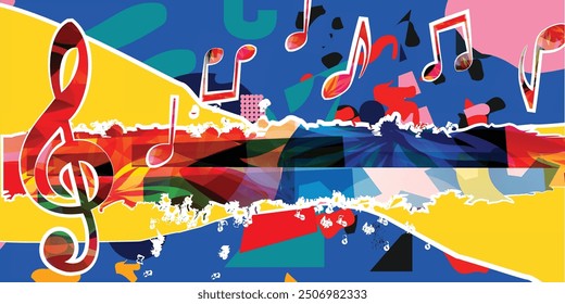 Musical background, play and download music concept. Musical notes on colorful backdrop. G-clef party poster