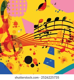 Musical background, play and download music concept. Musical notes on colorful backdrop. G-clef party poster