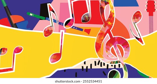 Musical background, play and download music concept. Musical notes on colorful backdrop. G-clef party poster