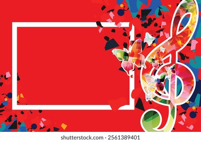 Musical background, play and download music concept. Musical notes on colorful backdrop. G-clef party poster