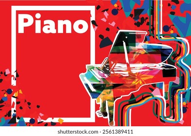 Musical background, play and download music concept. Musical notes on colorful backdrop. Piano party poster