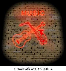 Musical background red neon sign guitar and saxophone on the background of an old brick wall.