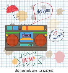 musical background with retro boom-box, vector illustration