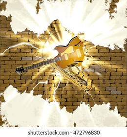 Musical background saxophone and jazz guitar in the old brick wall and a hole with a lightning and flash. There is room to place text or an image on the white plaster.