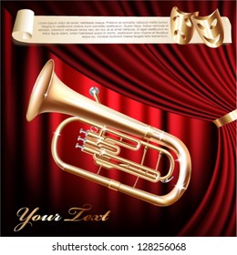 Musical background series. Classical baritone horn / Euphonium tuba on a red velvet curtain background