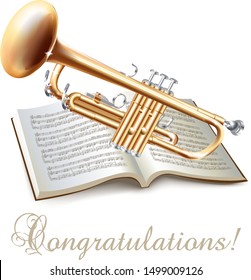 Musical background series. Classical brass trumpet, isolated on white background with musical notes and Congratulation wording