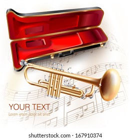 Musical background series. Classical brass trumpet, isolated on white background with musical notes. Vector illustration 