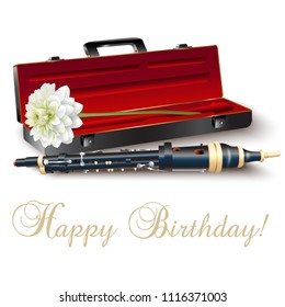 Musical background series. Classical flageolet with a chrysanthemum and Happy Birthday wording, isolated on white background. Vector illustration