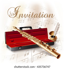 Musical background series. Classical flute, isolated on white background with musical notes and the 'Invitation' wording. Vector illustration