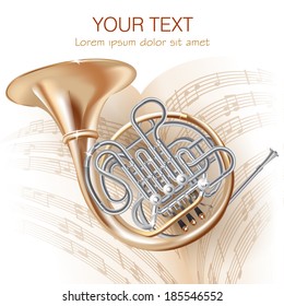 Musical background series. Classical French horn, isolated on white background with musical notes . Vector illustration 