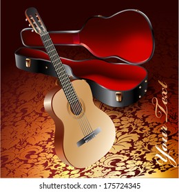 Musical background series. Classical guitar on a vintage background with victorian ornament in retro style. Vector illustration 