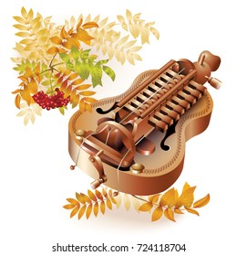 Musical background series. Classical hurdy-gurdy (barrel organ) on white autumn background with yellow leaves and a bunch of rowan. Vector illustration