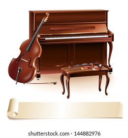 Musical background series. Classical piano, cello and a stool, isolated on white background. Vector illustration