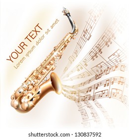 Musical background series.  Classical saxophone alto, isolated on white background with musical notes. Vector illustration