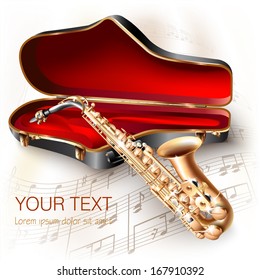 Musical background series. Classical saxophone alto, isolated on white background with musical notes. Vector illustration 