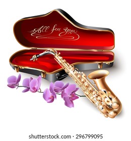 Musical background series. Classical saxophone alto with a branch of orchid, isolated on white background. Vector illustration