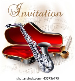 Musical background series. Classical saxophone alto, isolated on white background with musical notes and the 'Invitation' wording. Vector illustration