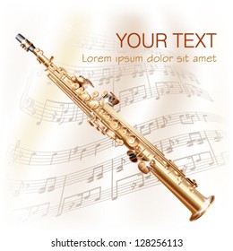 Musical background series. Classical soprano sax, isolated on white background with musical notes