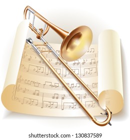 Musical background series. Classical trombone with notes in retro style. Vector illustration.