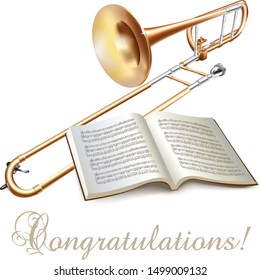 Musical background series. Classical trombone, isolated on white background with musical notes and Congratulation wording