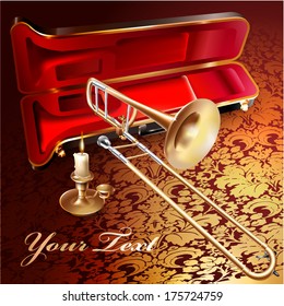 Musical background series. Classical trombone on a vintage background with victorian ornament in retro style. Vector illustration 