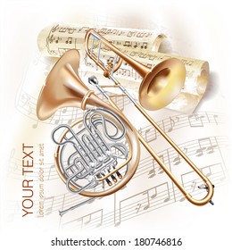 Musical background series. Classical trombone & french horn, isolated on grunge background with musical notes 