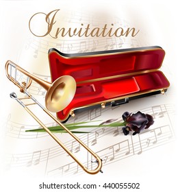Musical background series. Classical trombone, isolated on white background with musical notes and the 'Invitation' wording. Vector illustration