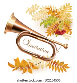 Musical background series. Classical trombone, isolated on white background with yellow leaves, a bunch of rowan and the 'Invitation' wording. Vector illustration