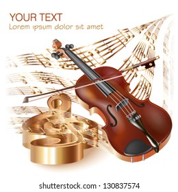 Musical background series.  Classical violin, isolated on white background with musical notes. Vector illustration