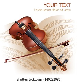 Musical background series. Classical violin, isolated on white background with musical notes. Vector illustration