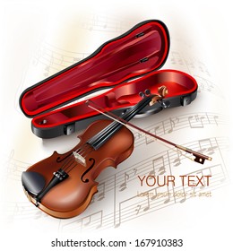 Musical background series. Classical violin, isolated on white background with musical notes. Vector illustration 