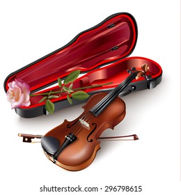 Musical background series. Classical violin with a rose, isolated on white background. Vector illustration