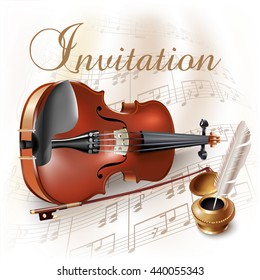 Musical background series. Classical violin, isolated on white background with musical notes and the 'Invitation' wording. Vector illustration