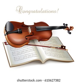 Musical background series. Classical violin, isolated on white background with musical notes and the 'Congratulations' wording. Vector illustration