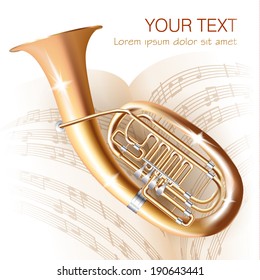 Musical background series. Classical Wagner tuba, isolated on white background with musical notes. Vector illustration 